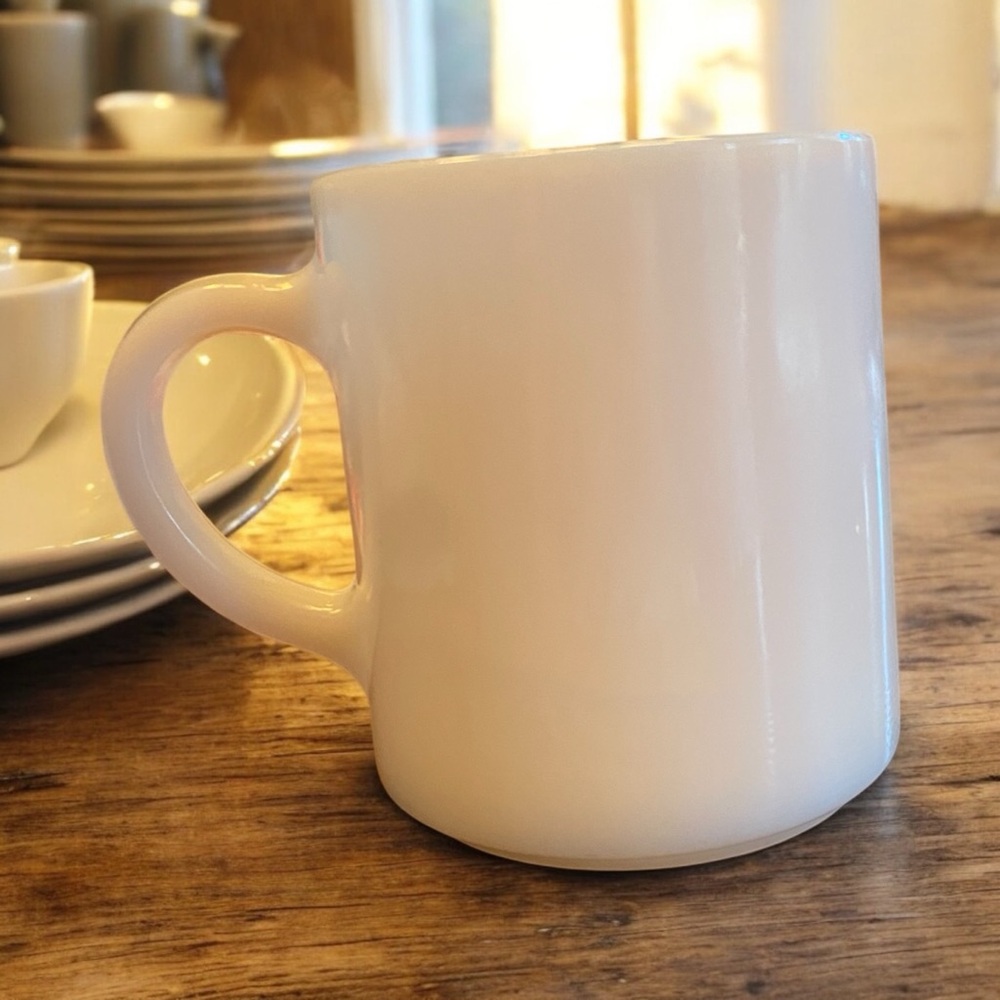Vintage White Milk Glass Coffee Mug D-Handle Mid Century Retro Diner